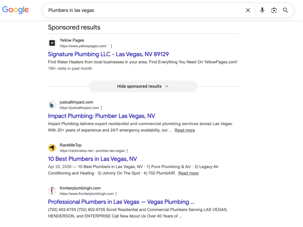 Plumbers in las vegas google search result 
